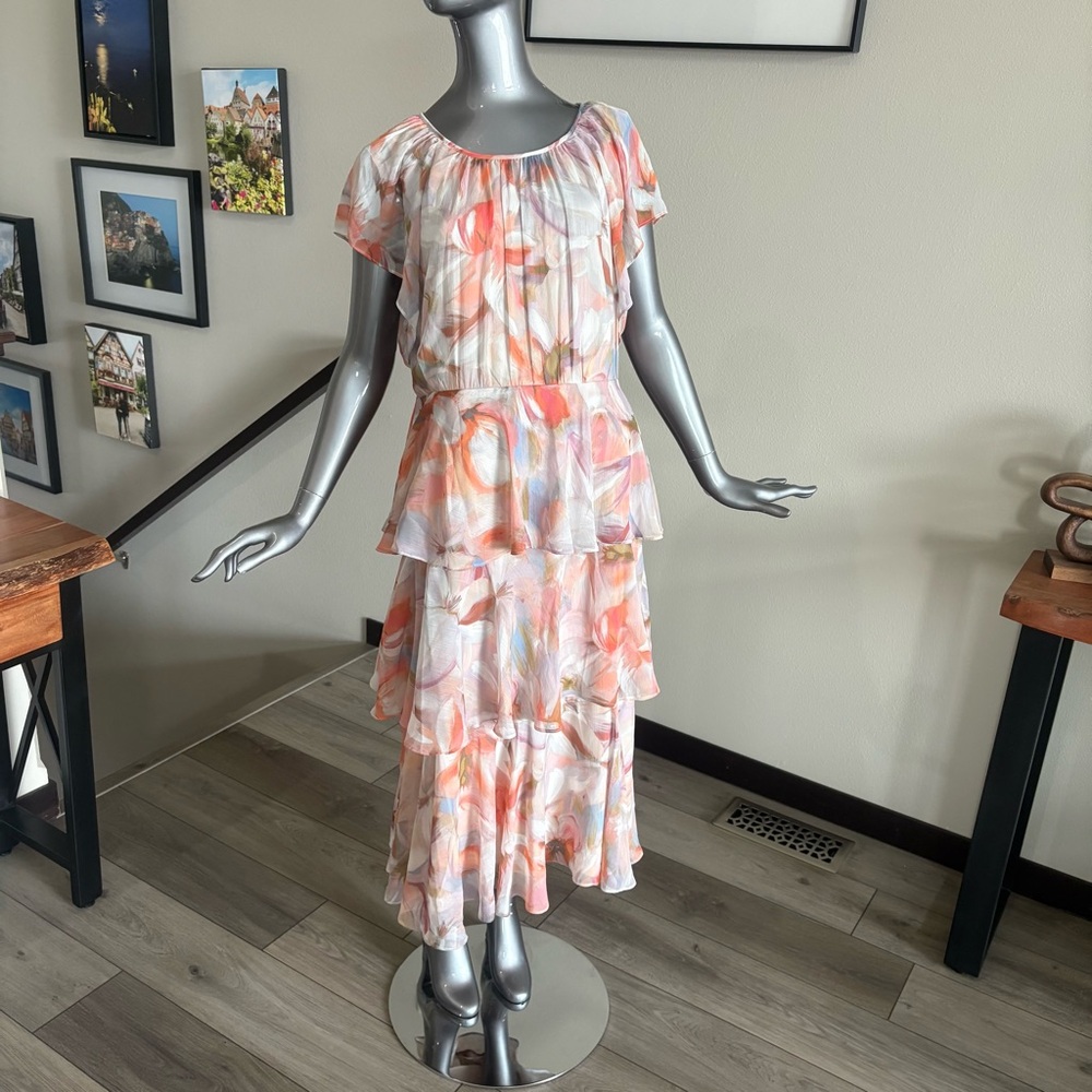 Calvin Klein Pink and Orange Tiered Midi Dress